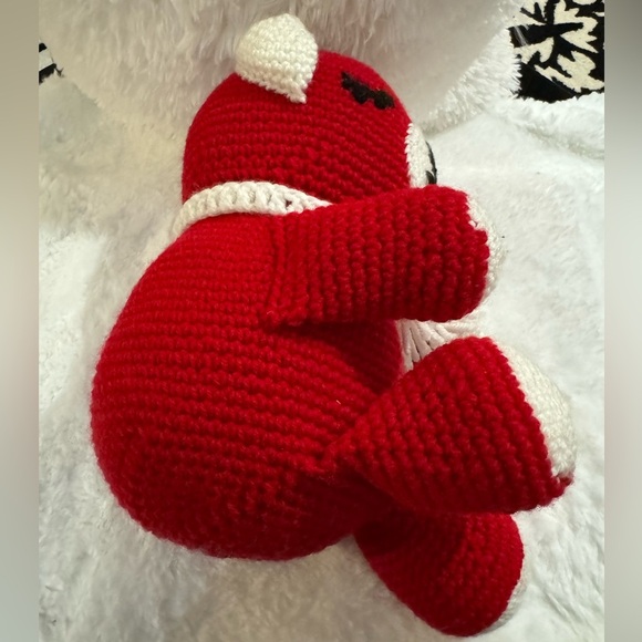 Handmade Crocheted Knit Vintage Red Teddy Bear White Scarf Nursery Decor Baby - Picture 5 of 8